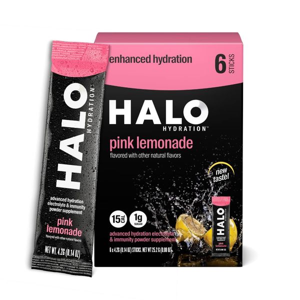 HALO Hydration - Electrolyte Drink Mix | Hydration Powder Packets | Pink Lemonade Flavor – for Sports and Cycling | Easy Open Single Serving Stick | 6 Sticks