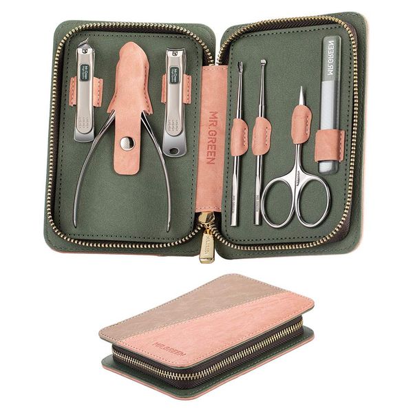 Tagliaunghie Set Professionale, 7 in 1 Manicure e Pedicure Set con Lussuosa Custodia da Viaggio in Pelle Grooming Kit Strumenti, Nail Clippers per Uomo e Donna (Marrone e Rosa)