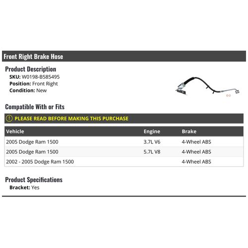 Marketplace Auto Parts Front Right Passenger Side Brake Hose - Compatible with 2002-2005 Dodge Ram 1500 with 4-Wheel ABS Brakes