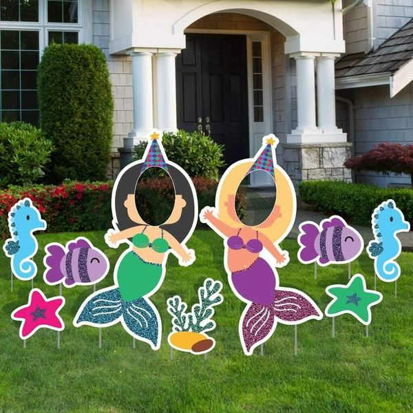 Glitter Mermaid Face Yard Sign Decorations Includes Stakes 12376