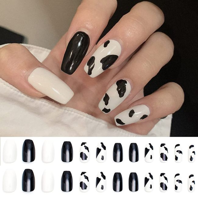 24 Pcs Black White Press On Nails Medium Almond Fake Nails Clear Cow Print False Nails Olive Acrylic with Jelly Adhesive Tabs