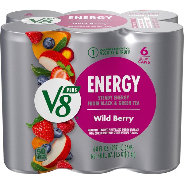 V8 +ENERGY Wild Berry Flavored Energy Drink, 8 fl oz Can (Pack of 6)