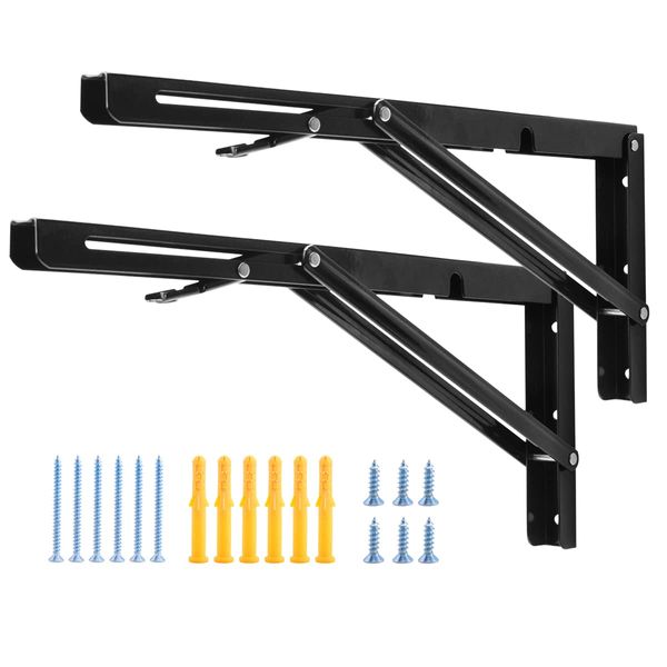 YUMORE 16 Inch Folding Shelf Brackets, Heavy Duty Collapsible Shelf Bracket, Black DIY L Bracket for Workbench Folding Table Hinge, Max Load: 330lb, Pack of 2