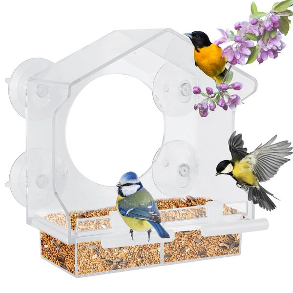 Window Bird Feeder, Bird House with 2 Bird Stand Rod, Window Bird Feeder with 4 Strong Suction Cups and Removable Seed Tray with Drain Holes. Outdoors Birdfeeder for Wild Birds