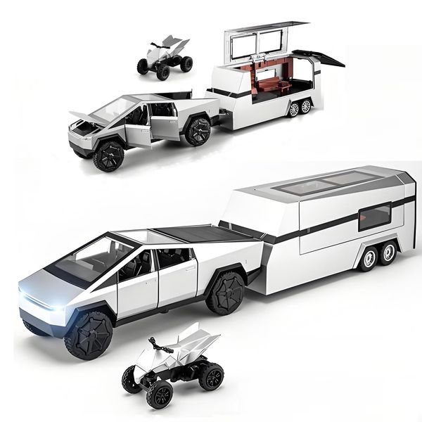 Cybertruck Toy Truck with RV Motorcycle Cyberquad Alloy Die-cast Model Car Pickup Truck 1/32 Toy Race Cars with Sound and Light Effect Ideal Gift for Kids Friends Age for 6 Year and Up