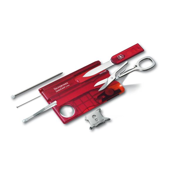 Victorinox Swiss Card Lite, Credit Card Knife, Multi Tool, 13 Functions, LED, Magnifier, Red Transparent