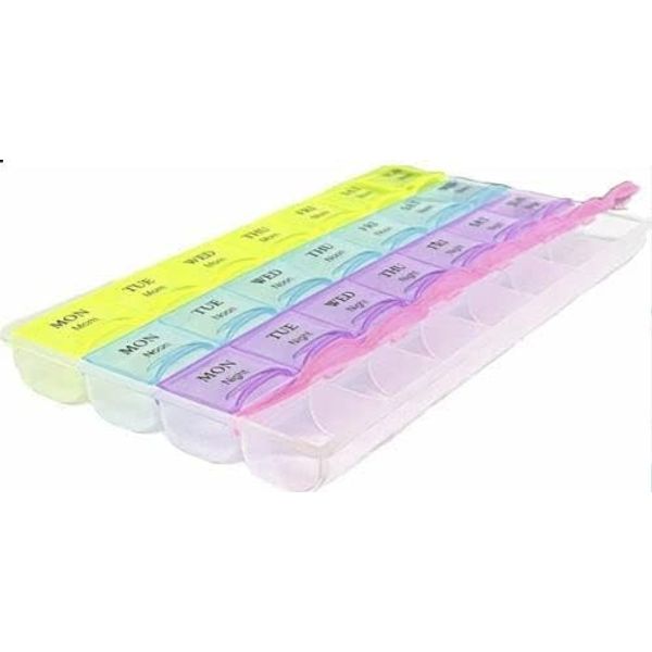 Weekly 7 Days Pill Organizer 4 Times A Day, Easy Filling with Push Button, Daily Morn/Noon/Night/Backup Medicine Case, for Vitamin, Fish Oil, Suppliments (Yellow, Blue, Purple, Red)