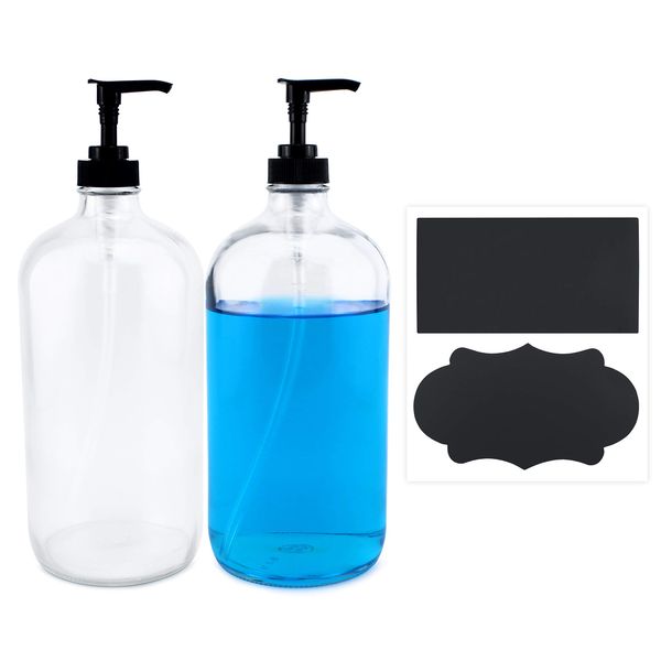 Cornucopia 32oz Clear Glass Pump Bottles (2-Pack); Quart Size Soap Dispensers w/Black Plastic Lotion Locking Pumps; Includes Chalk Labels