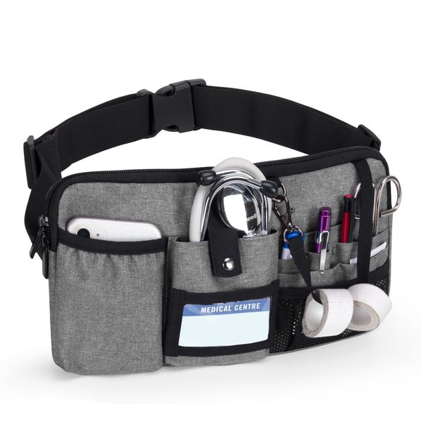 Trunab Utility Nurse Fanny Pack with 12 Essential Tool Pockets, Tape Holder, Adjustable Waist Belt, Medical Organizer Pouch for Nurse, Doctor Grey