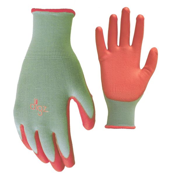 Digz Women's Stretch Knit Garden Gloves with Polyurethane Coating, Green/Pink, Medium