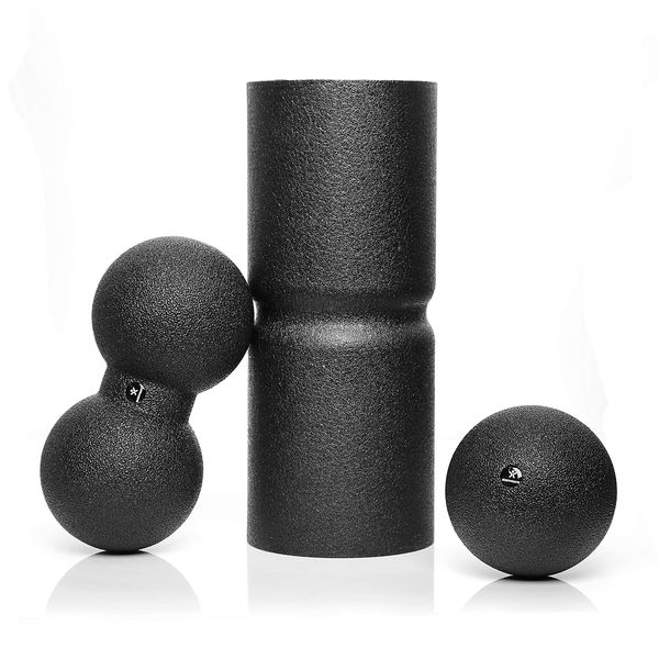 BODYMATE CARE Faszien Set bestehend aus Faszienrolle CARE 35x14cm Mittel-Hart mit umlaufender Rille zu Wirbelsäulen-Entlastung, Single Ball 12cm und DUO-Ball 12x24cm Schwarz mit E-Book