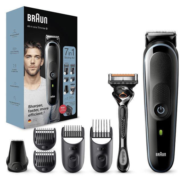 Braun All-in-one Trimmer 3 MGK3245, 7-in-1 Beard Trimmer For Men, Hair Clipper, For Face, Hair, 5 Attachments, Black/Blue, (UK 2pin plug)