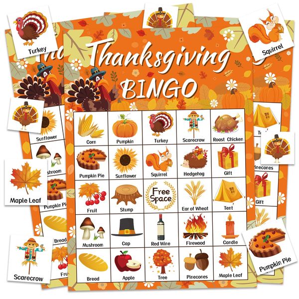 Leezead Thanksgiving Bingo Cards, 24 Players Fall Thanksgiving Bingo Game Thanksgiving Party Activity Thanksgiving Bingo Game Cards for Adults Classroom Family Activity Thanksgiving Party Supplies