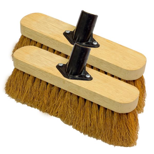 10” Soft Broom Head Only Indoor Outdoor Sweeping Brush with Natural Coco Bristles Broom Head Outdoor Durable Support Bracket for Cleaning Flat and Smooth Surfaces Decking and Paving Slabs (Pack of 2)