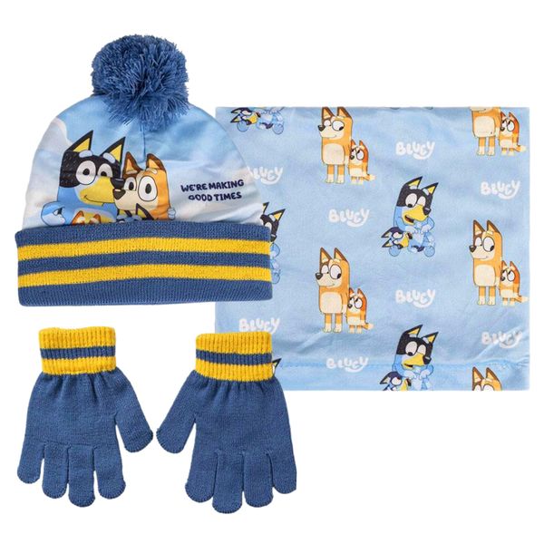 Bluey Bobble Hat + Snood Scarf + Gloves Set Blue One Size
