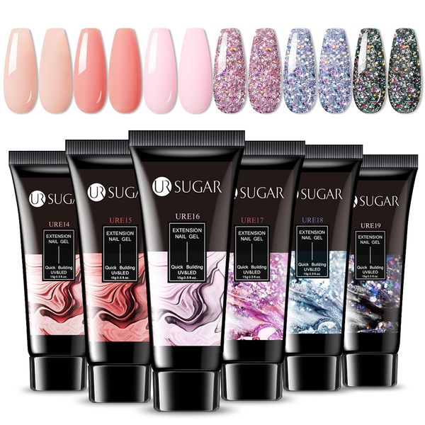 UR SUGAR Poly Extension Gel Nail Set, 6 Classic Colours Nude Pink Black Sliver Glitter Sequins Poly Nail Gel Polish Kit Builder Nail Gel Long Lasting Soak Off Acrylic Nail Gel Gift Box for Women