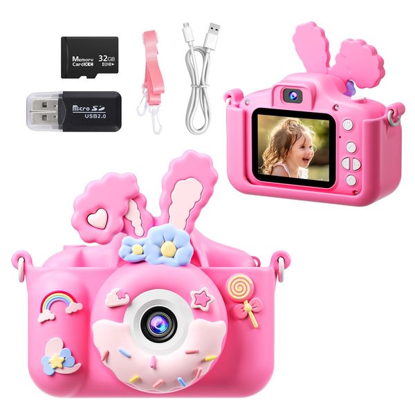 Kids Camera,1080P HD Video Children Digital Camera Toys for Girls Boys, Children Selfie Camcorder for Toddler with 32GB Card, Chritmas Birthday Gifts for 3 4 5 6 7 8 9 10 11 12 Years Old Girls Boys