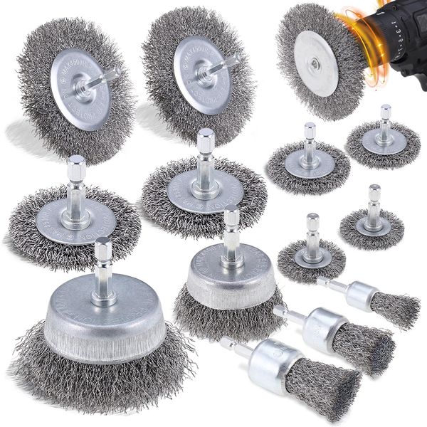 JIZZU 13-Piece Wire Brush Drill, Wire Brush, Cordless Screwdriver, Brass Coated Wire Brushes Wheel with Hexagonal Bar Wire Brush Set of Rust, Removing Paint, Deburring, Dust Removal