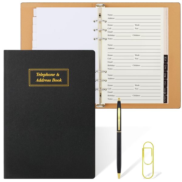 Happyaokeland Refillable Address Book with Alphabetical Tabs, w/Pockets, 648 Large Print Telephone Birthday Email PU Leather Hardcover Durable for Women Men Seniors Home Office, 236Pages, A5, Black