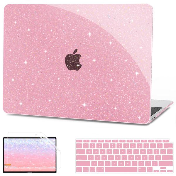 G JGOO Compatible with MacBook Air 13 Inch Case 2022 2021 2020 2019 2018 Release M1 A2337 A2179 A1932 Touch ID, Glitter Plastic Hard Shell Case + 2 Keyboard Covers + Screen Protector, Sparkly Pink