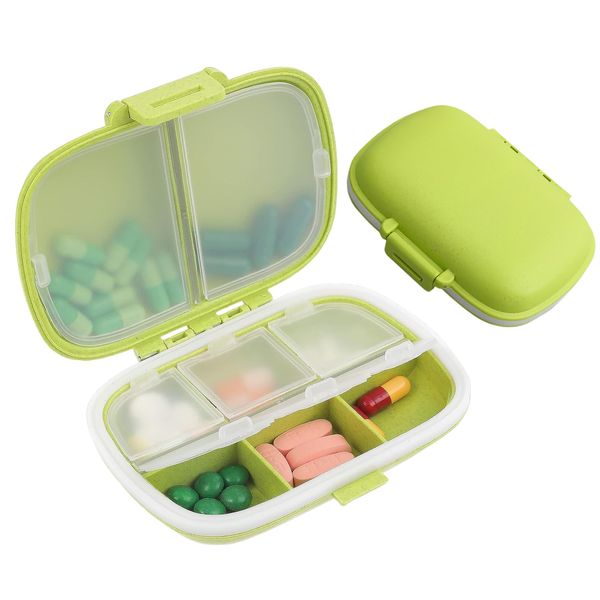 Senshuomy Travel Pill Organisers,Small Pill Box,Portable Medicine Storage Box,Portable Daily Pill Organizer,Wheat Pill Dispenser with 8 Compartments, Convenient and Reliable(Green)