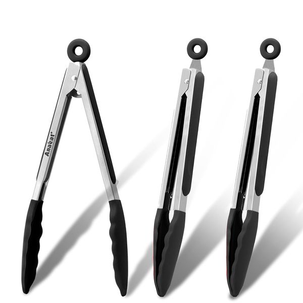 Anaeat 3 Pack 7" Mini Non-Stick Silicone Locking Tongs - Stainless Steel Kitchen Food Tong with Non-Slip Silicone Tips and Grip for Cooking, Baking and BBQ - Heat Resistant up to 480°F (Black)