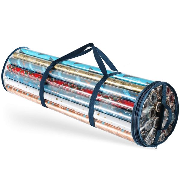 Hearth & Harbor Wrapping Paper Storage Container - Clear Wrapping Paper Holder Fits Up To 14 Rolls of 40" - Tear Proof Gift Wrapping Organizer Storage - Premium Christmas Storage Bag For Easy Carrying