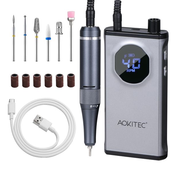 Aokitec Electric Nail Drill - 40000RPM Rechargeable Portable Nail Filer Machine with Nail Drill Bits Sanding Bands for Acrylic/Gel Nails Removal Manicure Pedicure Kit for Salon Home Use