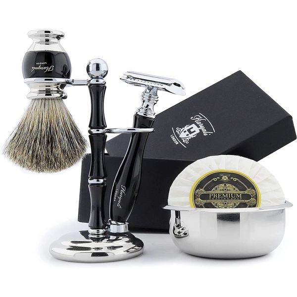 Haryali London 5 Pcs Shaving Set Double Edge Safety Razor Badger Shaving Brush Shaving Soap Shaving Bowl Shaving Stand All Comes in Designer Box