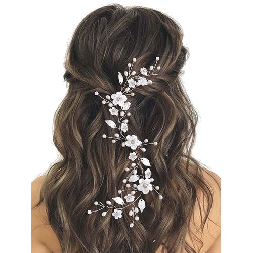 EASEDAILY Flower Bride Wedding Hair Vine Silver Pearl Bridal Headpieces Leaf Hair Accessories for Women and Girls