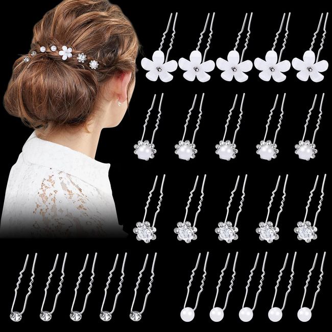 25 Stück Hochzeit Haarnadeln, brautschmuck haarnadeln, Kristalle Hochzeit Braut Haarschmuck U-förmig Strass Haarnadel Perlen und Blumen Haarspangen für Frauen Mädchen