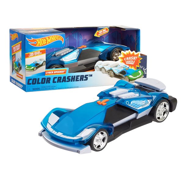 Hot Wheels Color Crashers Cyber Speeder, Motorized Toy Car with Lights & Sounds, Blue, Kids Toys for Ages 3 Up by Just Play