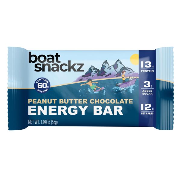 Boat Snackz - Peanut Butter Chocolate, Energy Bars (12 Pack) 13g Protein, 3g Added Sugar, 12g Net Carbs, 60mg Caffeine, No Seed Oils (55g bars) Supports Veteran Charities