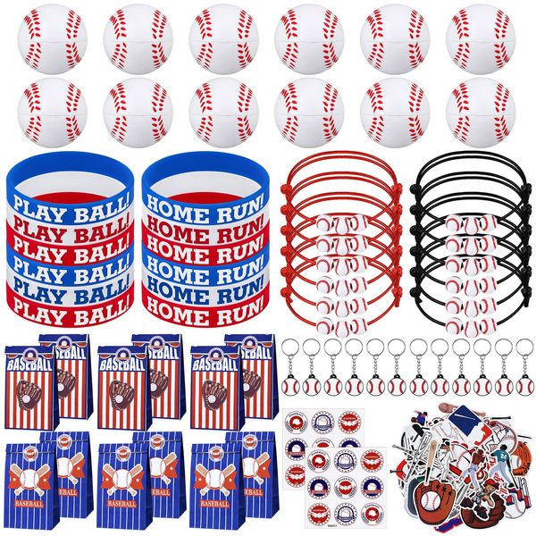 ADXCO 110 Pieces Baseball Theme Party Favors Gift Bags Mini Foam Balls Silicone Baseball Bracelets Sports Keychain Charm Bracelets Stickers Baseball Party Supplies for Sports Events Birthday