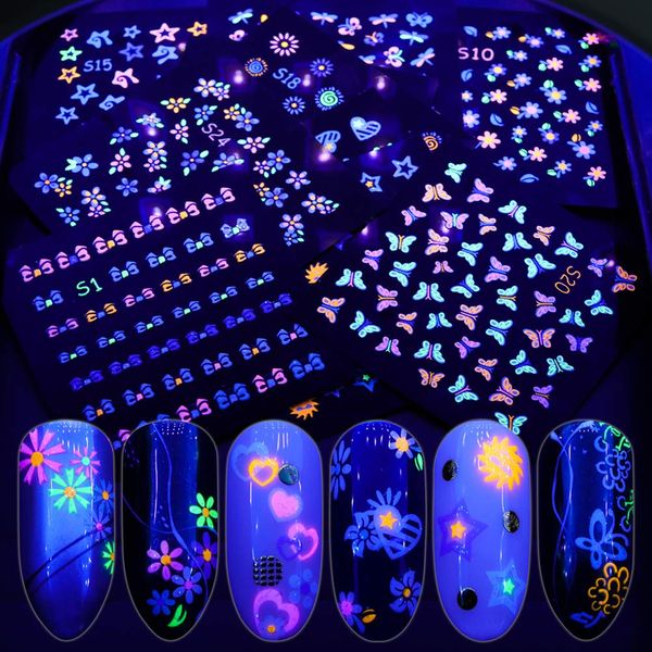 EBANKU 24Sheets Fluorescence Nail Art Stickers Decals 3D Self-Adhesive Butterfly Flower Love Fruits Pattern DIY Decoration Tools Accessories for Women Kids