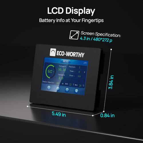 ECO-WORTHY 48V LiFePO4 Battery Monitor with 4.3" Touchscreen, RS232 Interface, Compatible with 48V 100Ah Server Rack Battery (Version 3) and 48V 50Ah Server Rack Battery, Solar DIY Systems, ESM100