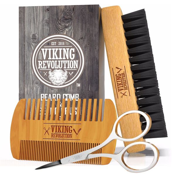 Viking Revolution Beard Comb & Beard Brush Set for Men - Natural Boar Bristle Brush and Dual Action Pear Wood Comb w/Velvet Travel Pouch - Great for Grooming Beards and Mustaches