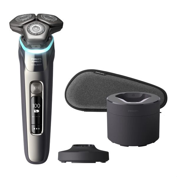 Philips Norelco Exclusive 9800 Rechargeable Wet & Dry Electric Shaver with Quick Clean, Travel Case, Pop up Trimmer, Charging Stand, S9987/85