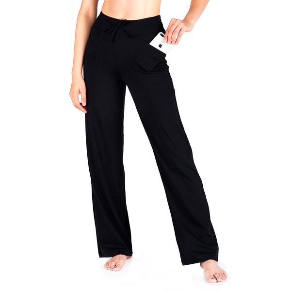 Yogipace Petite Women's Loose Fit Wide Leg Yoga Pants Drawstring Lightweight Sweatpants with Pockets,27",Black,Size XL