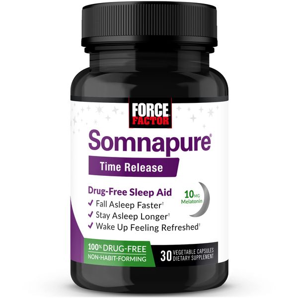Force Factor Somnapure Time Release Drug-Free Sleep Aid for Adults with Melatonin 10mg and Valerian Root, Extended Release Sleeping Pills, Fall Asleep Calm at Night, Wake Up Refreshed, 30 Capsules