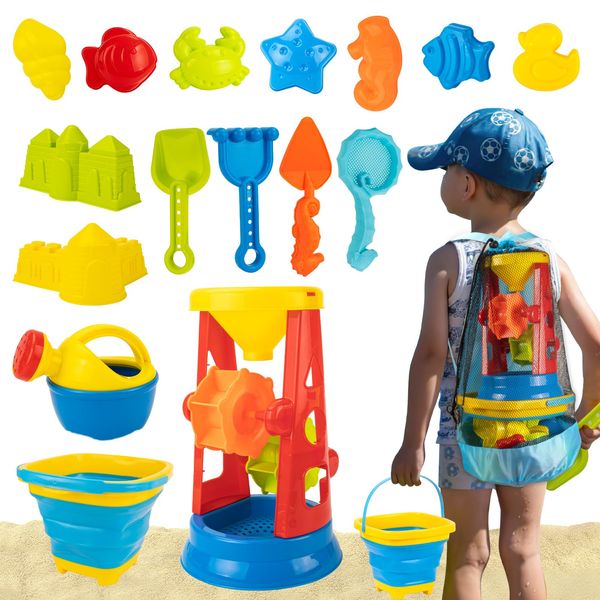 UNIH Collapsible Snow Beach Toys for Kids,Sandbox Toys with Beach Buckets,Mesh Bags,Sand Molds,Sand and Water Wheel Tower,Beach Sand Toys for Toddlers Kids Ages 3-10