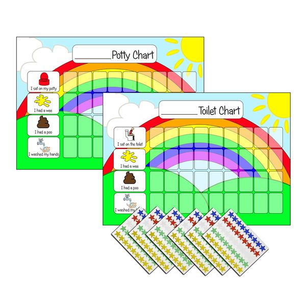 kids2learn Toddlers Potty Training & Toilet Training Reward Chart Pack (2 Charts) & 270 Star Stickers - Rainbow Design