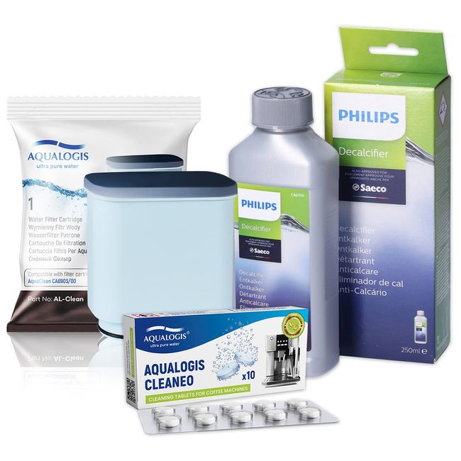 Set for Coffee Machine LatteGo, Genuine Descaler Philips CA6700/10, Aqualogis Cleaneo Cleaning Tablets, Water Filter AL-Clean CA6903