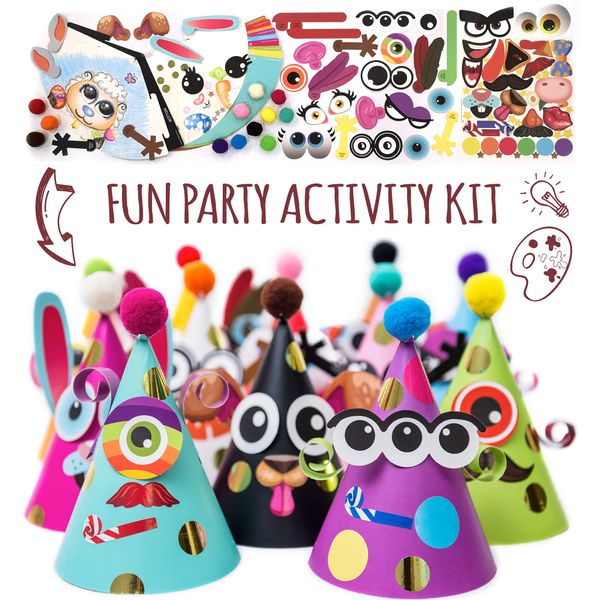 Glittery Garden Party Hats Birthday Activity Kit with Stickers, Fun Arts & Crafts for Kids. Animal & Monster Theme Party Favor, Game Supplies