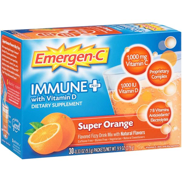 Emergen C Immune Plus Super Orange Fizzy Drink Mix, 0.3 Ounce - 30 per case.