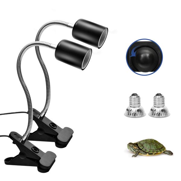 Techsea 2 Pack Reptile Heat Lamps with 360° Rotatable Clips, UVA + UVB Spectrum for Terrariums, 2 Light Bulbs Inside (Black)