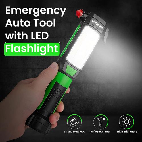 AlltroLite 9-in-1 Emergency Auto Tool with LED Flashlight | Multi-Function Car flashlight Kit with Three Lighting Modes, Window Glass Breaker, Seat Belt Cutter & Magnetic Base (Batteries Included)