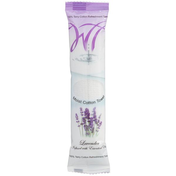 White Towel Services 8" x 8" inch Moist Cotton Towel Individually Wrapped - Scent (Case of 50) *(Lavender)