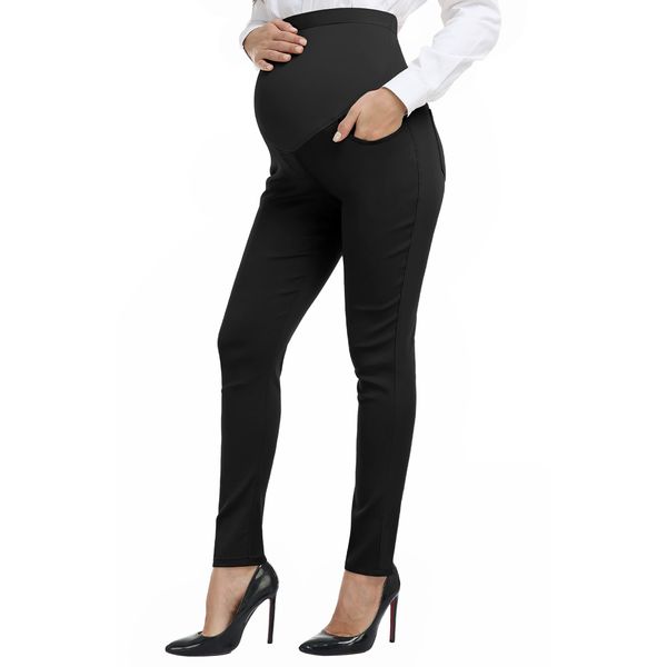 PACBREEZE Women's Maternity Work Pants Stretchy High Waist Skinny Leg Pregnancy Business Casual Dress Pants(Black, Large)