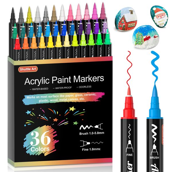 Shuttle Art Dual Tip Acrylic Paint Pens, 36 Colours Fine & Brush Paint Marker Pens, Paint Pens for Rock Painting, Ceramic, Wood, Fabric, Glass, Art Marker Pen Set for Kids Adults on Christmas Easter